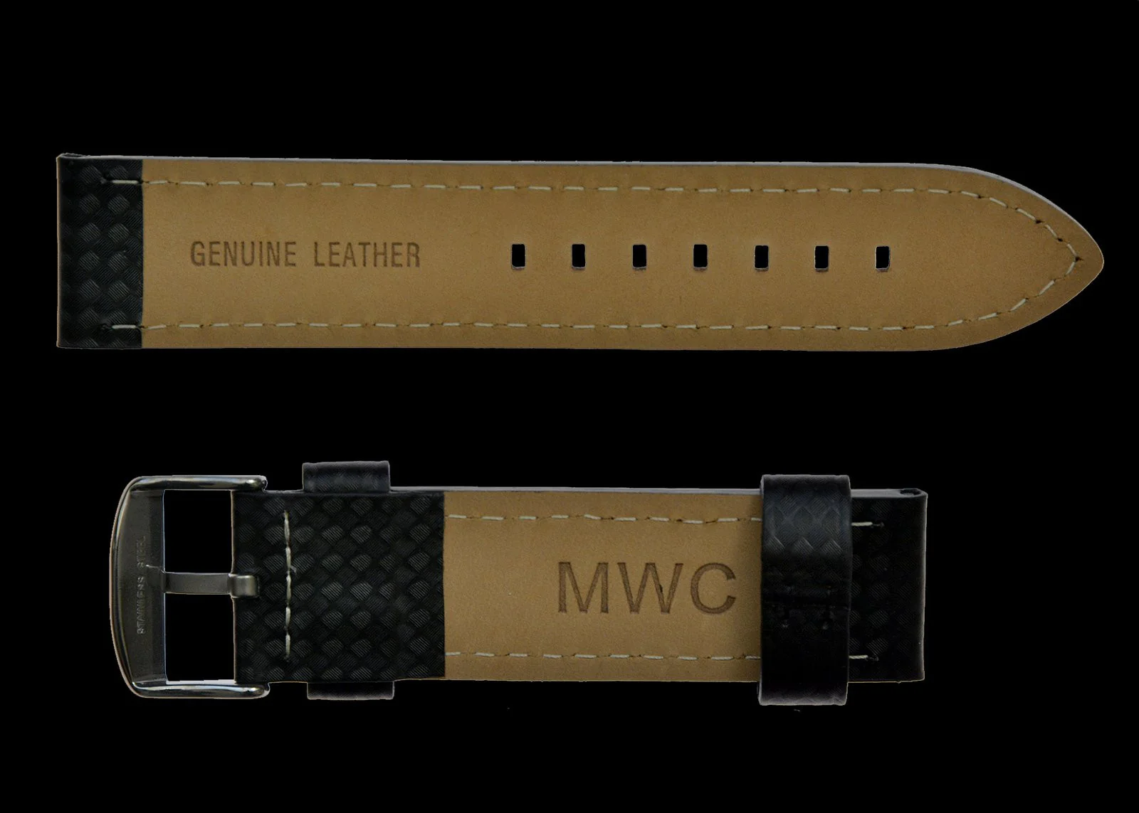 22mm MWC Branded Black Carbon Fibre Effect Leather Watch Strap - Image 2