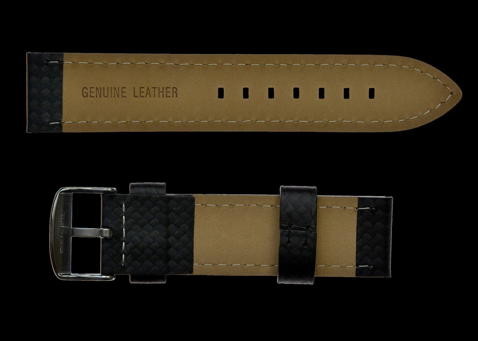 22mm MWC Black Carbon Fibre Effect Leather Watch Strap - Image 2