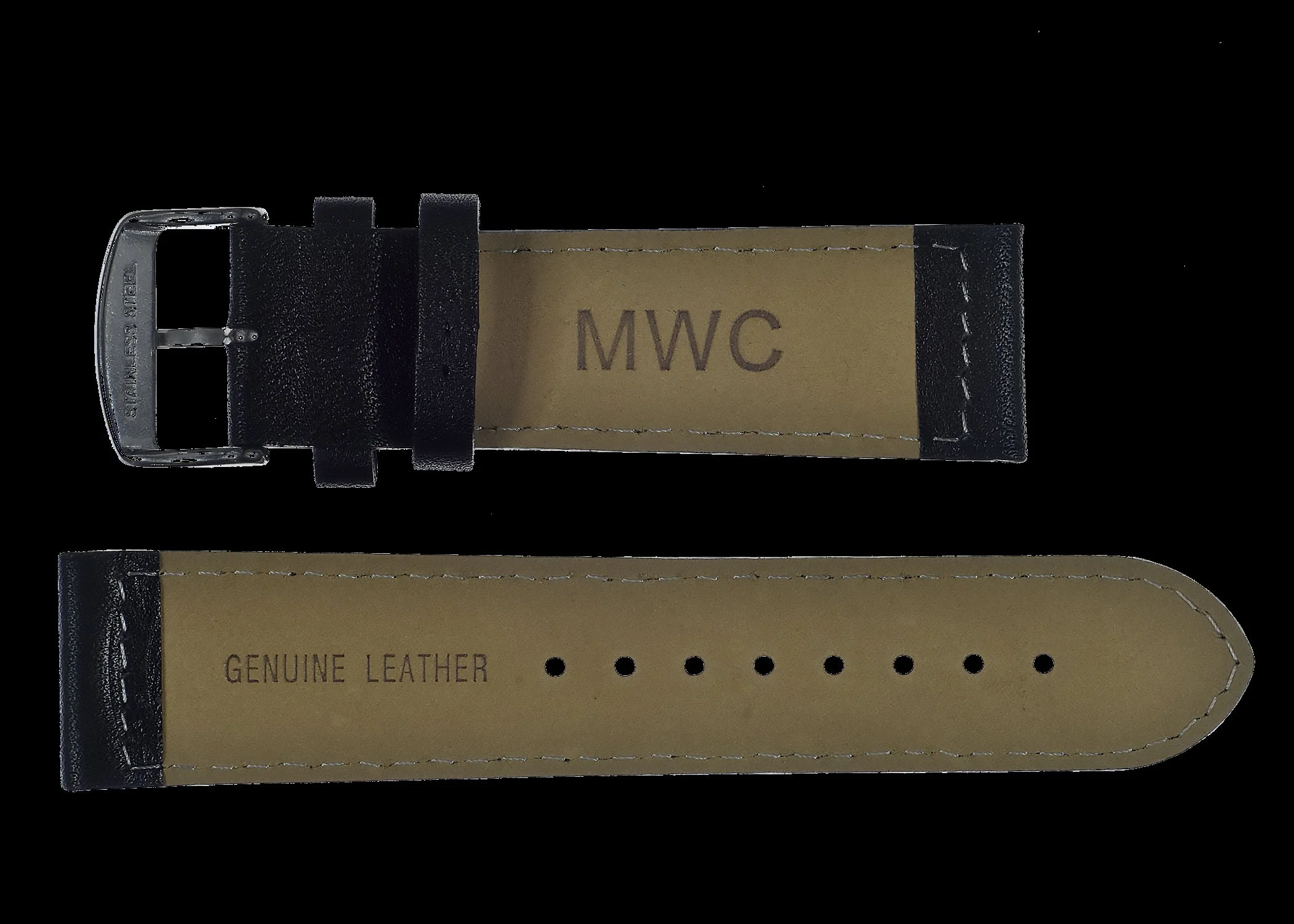 24mm MWC Branded Black Leather Watch Strap with Stainless Steel Fasteners - Image 2