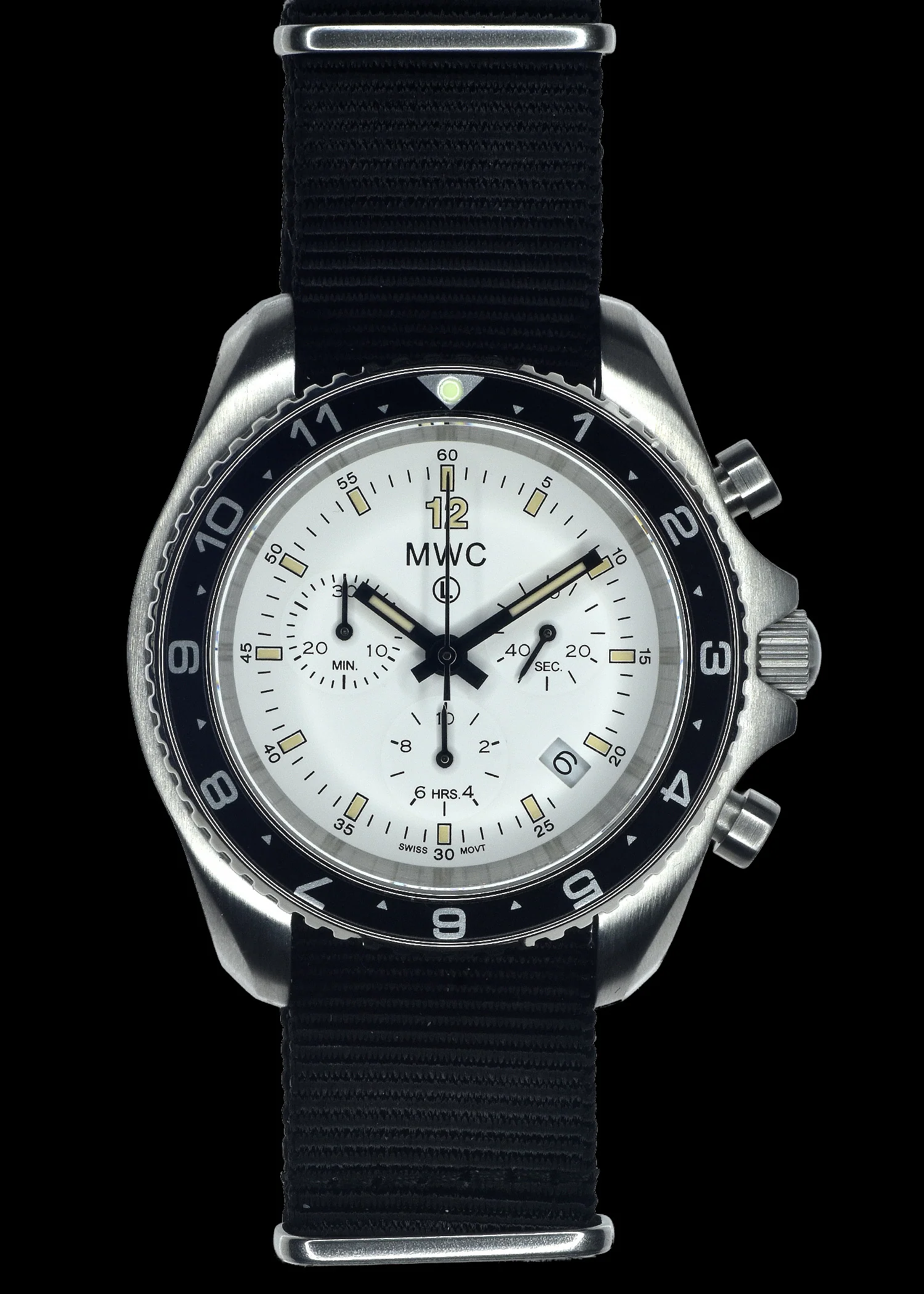 MWC NATO Pattern Stainless Steel Military Pilots Chronograph with Sapphire Crystal and Swiss Ronda Movement- 12 Hour GMT Bezel
