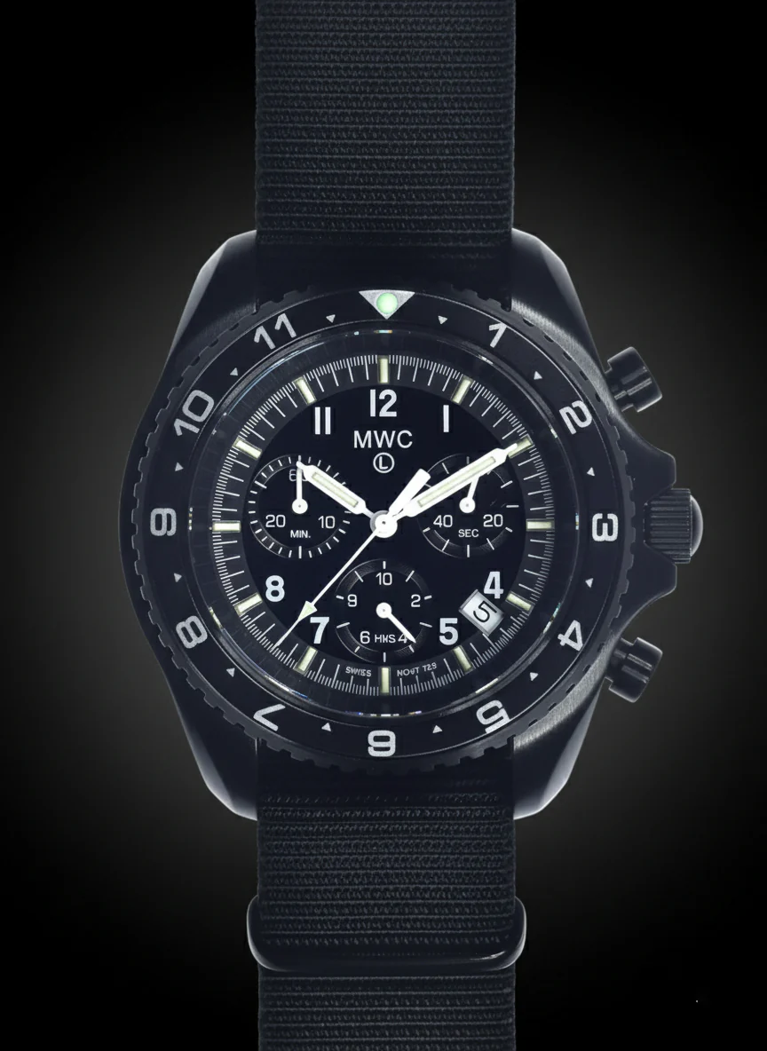 MWC NATO Pattern Stainless Steel Military Pilots Chronograph with Sapphire Crystal and Swiss Ronda Movement - 12 Hour GMT Bezel and GTLS/Tritium Illumination