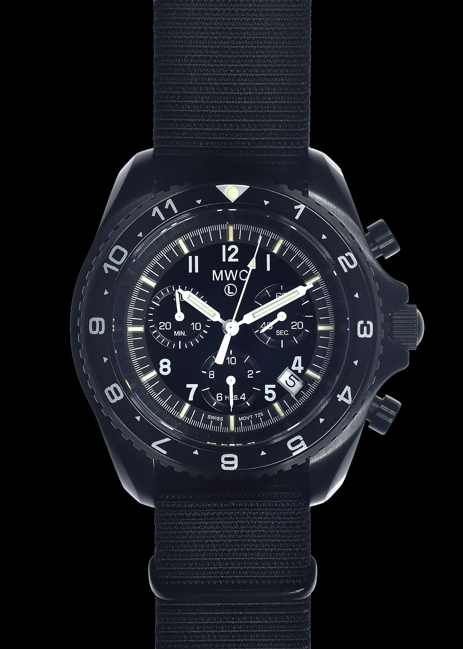 MWC NATO Pattern Stainless Steel Military Pilots Chronograph with Sapphire Crystal and Swiss Ronda Movement - 12 Hour GMT Bezel and GTLS/Tritium Illumination - Image 2