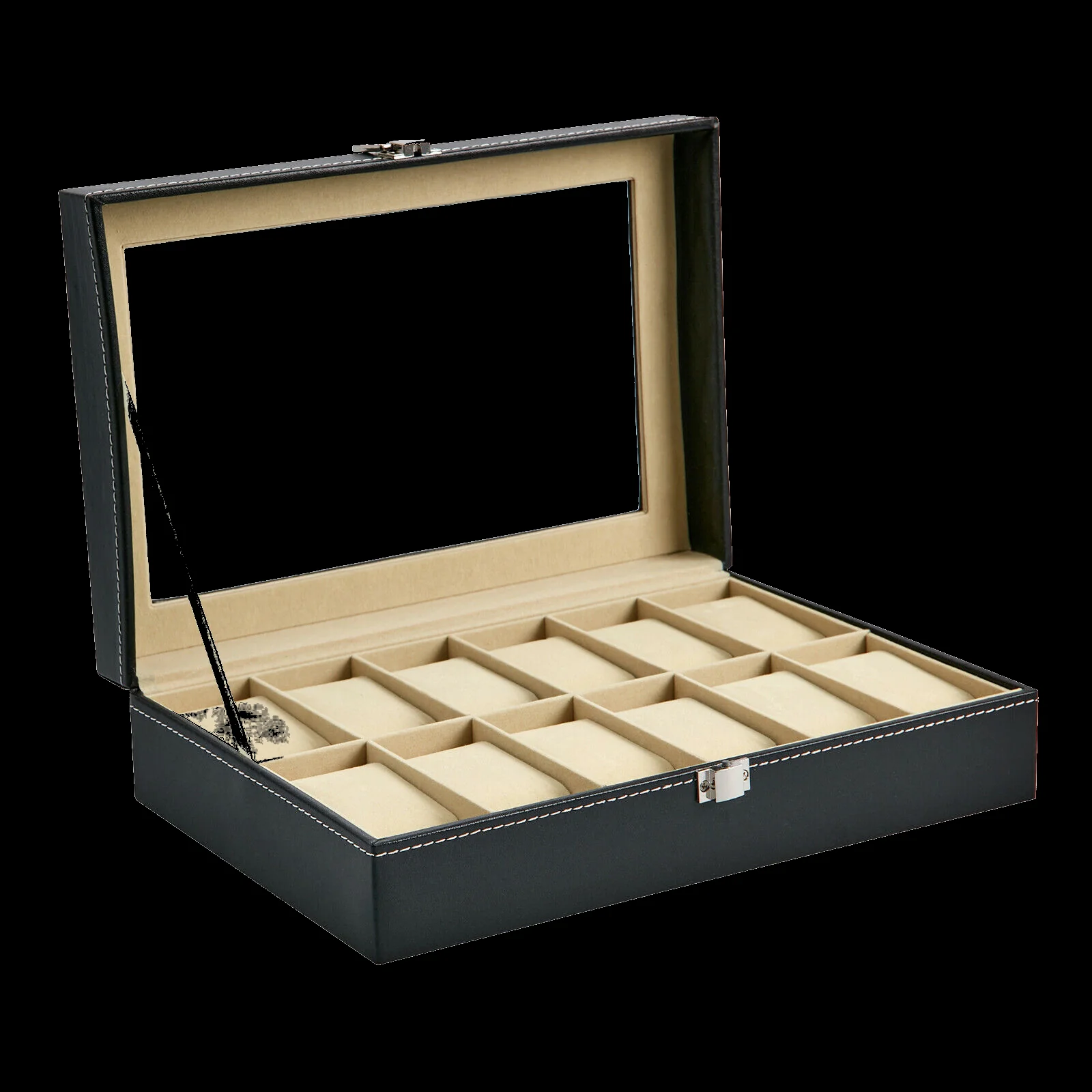 PU Leather Watch Display Case for 12 Watches with a Clear See Through Lid and Lock - Image 2